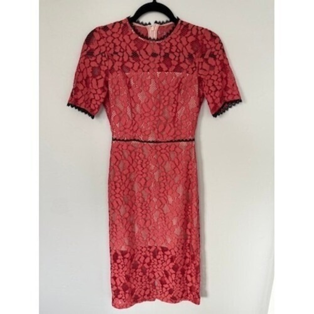Alexis Lace Dress Open Back Short Sleeve Pink XS Coral Cocktail Wedding $450